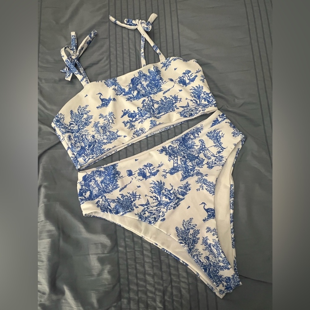 Never worn! Blue and White Print Two-Piece Bikini size L